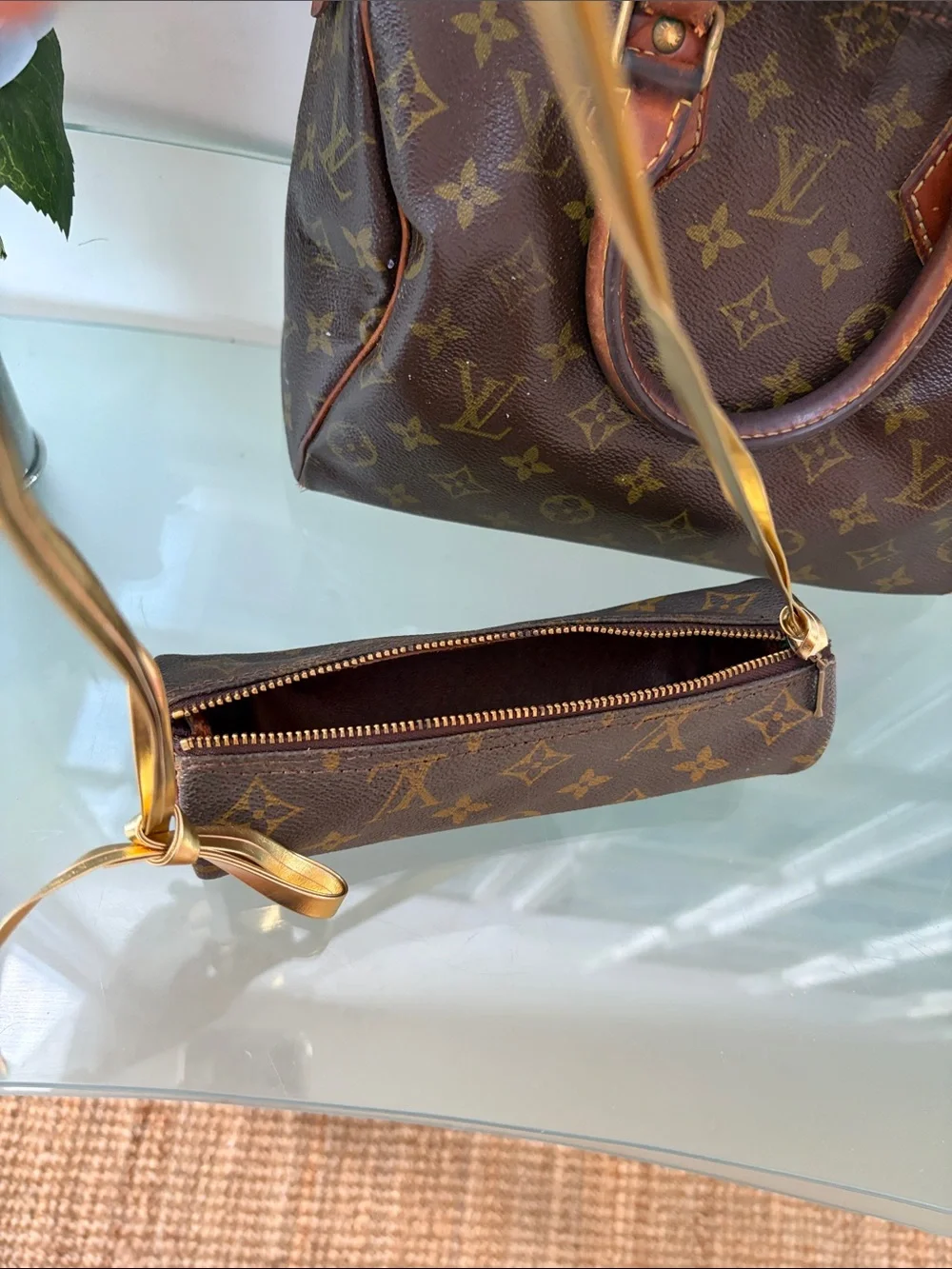 Louis Vuitton Brown Monogram Cosmetic Pouch with Gold Strap